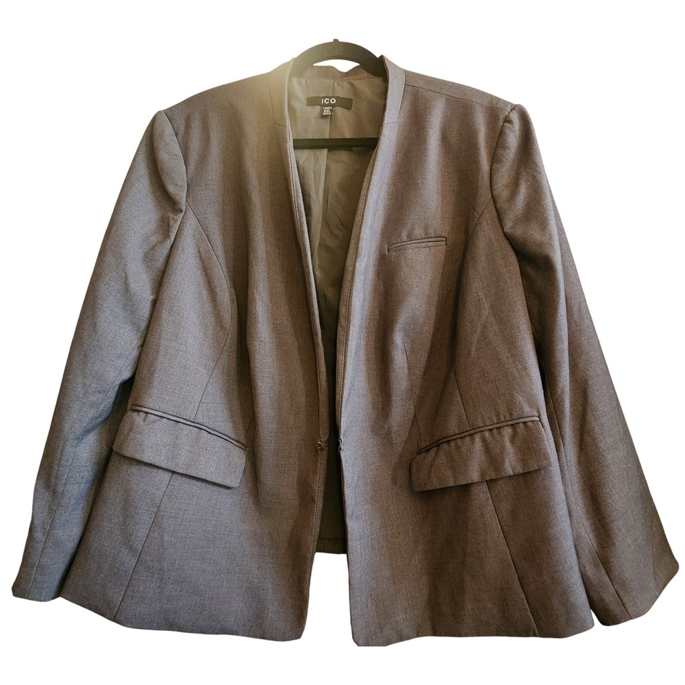 ICO Blazer Women XXL Gray Excellent Collarless Open Front Career Professional